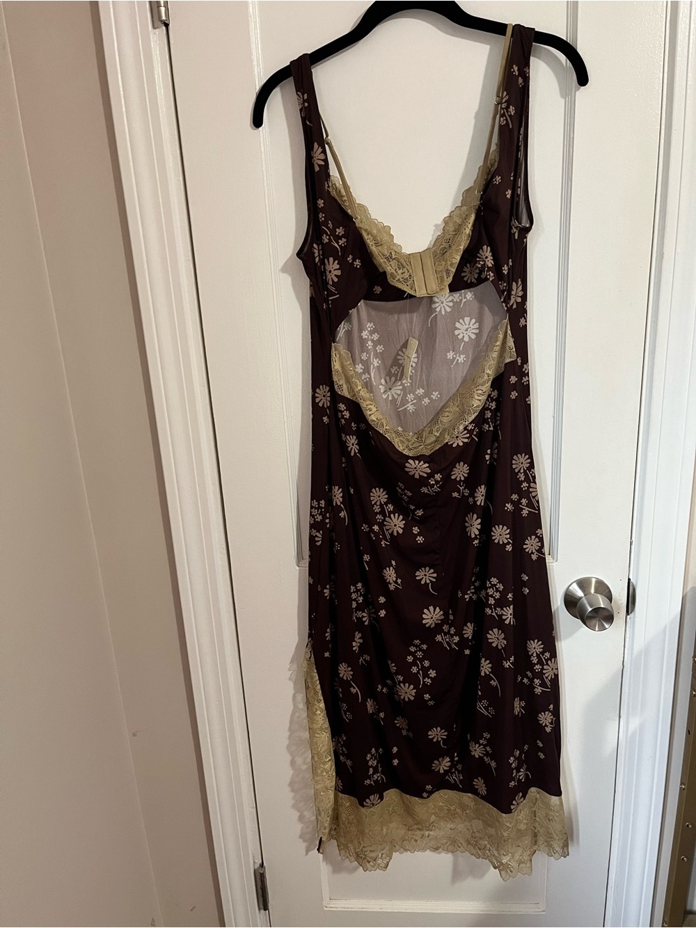 NWT Free People Brown Floral Slip Dress with Beige Lace Trim - Picture 4 of 6